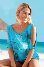 Load image into Gallery viewer, Slit Sleeve Cold Shoulder Feather Print Women Casual Summer T Shirt